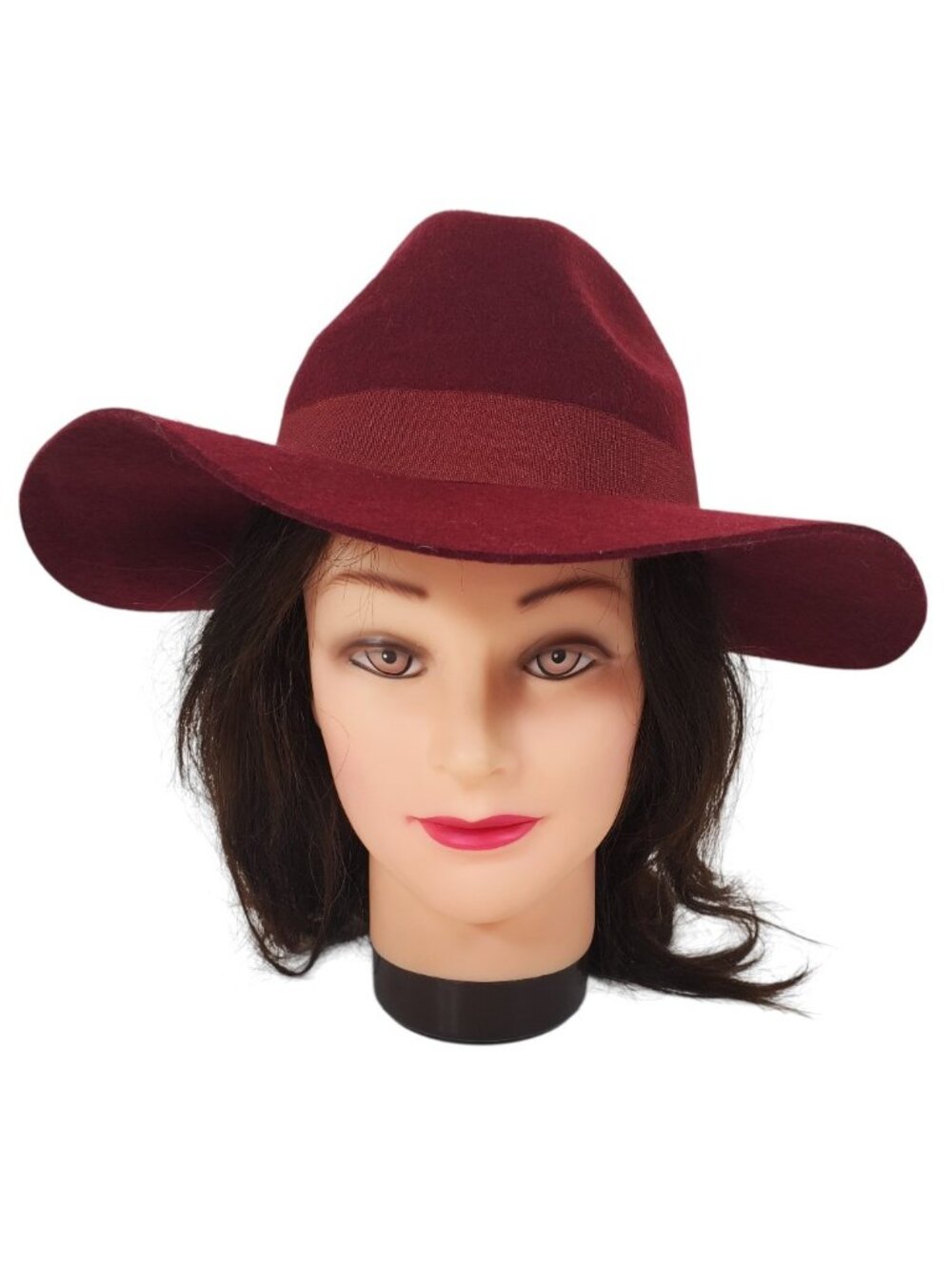 Women's Burgundy 100% Wool Felt Fedora Floppy Wide Brim Hat with Band. 22"
